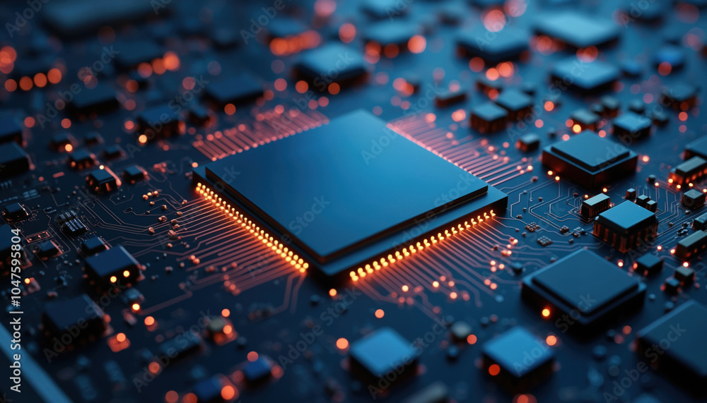 Poster advanced ai processor on circuit board: a close-up of an advanced ai processor placed on a circuit b