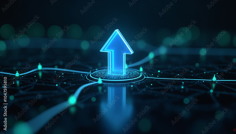 Poster upload icon with network connectivity: an upload icon connected within a digital network, symbolizin