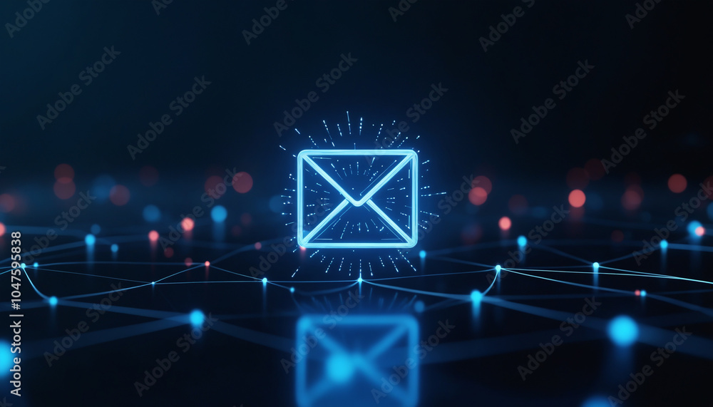 Poster email icon with network connectivity: an email icon connected to a digital network, representing com