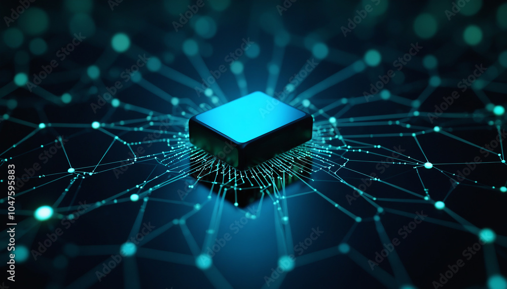 Poster cube icon with network connectivity: a cube icon within a digital network, representing data blocks,