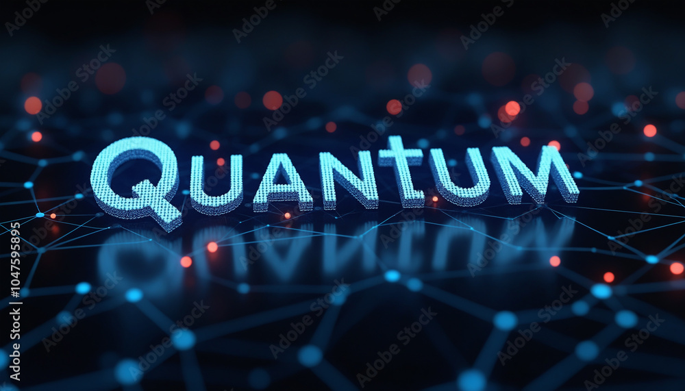 Poster quantum text in digital network: the word quantum displayed within a digital network, symbolizing qu