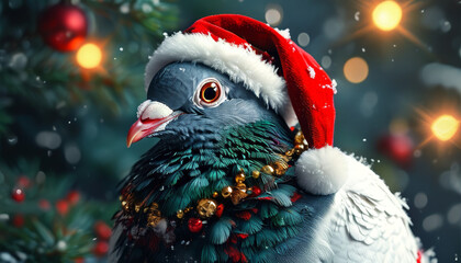 Realistic Christmas pigeon wearing a Santas Hat, magical winter decoration, cute Xmas animal, snow, Christmas ornaments, festive holiday, animal, cozy snow-covered scene, holiday animal decor