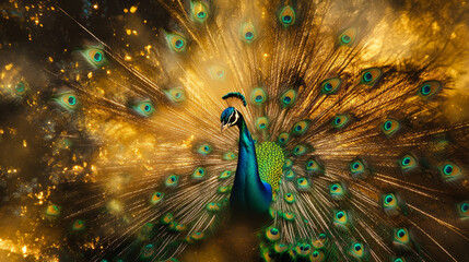 Obraz premium Imagine a majestic peacock spreading its iridescent feathers in a stunning display of color. 