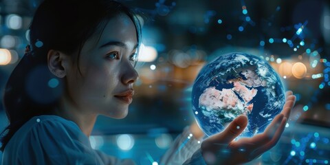 Naklejka premium Businesswoman with virtual reality and globe, showcasing a positive holographic overlay for technology and future global networking