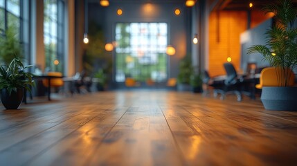 blurry modern office interior showcasing an open space layout, with sleek black and white furniture, fostering a collaborative environment for creative professionals to thrive and innovate