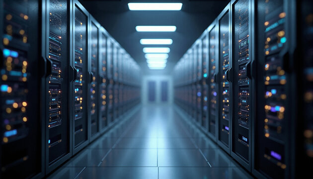 Rows of servers in a data center, bathed in blue and purple lights. The image exudes a sleek, tech-focused environment.