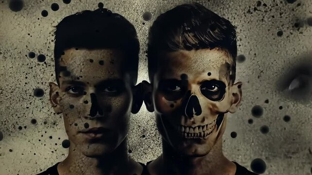 Dark double exposure portrait of a man with half of his face morphed into a skull, symbolizing mental struggle and inner demons