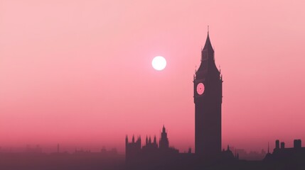 Silhouette of Big Ben and the Houses of Parliament at sunset.