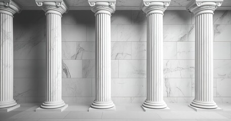 A set of Greek-style white marble columns on the right side of an empty wall
