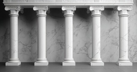 A set of Greek-style white marble columns on the right side of an empty wall
