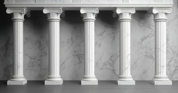 A set of Greek-style white marble columns on the right side of an empty wall
