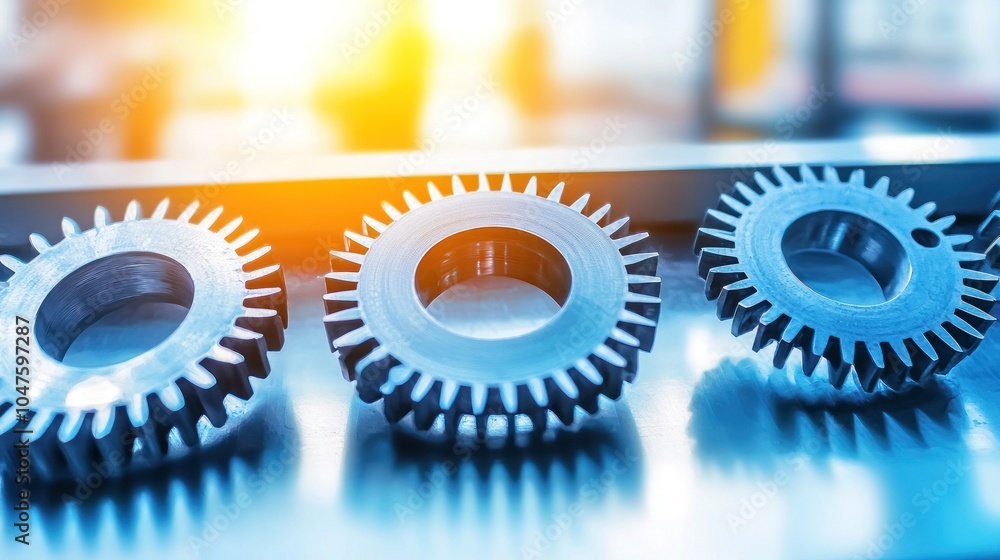 Poster close-up of three metallic gears with blurry background