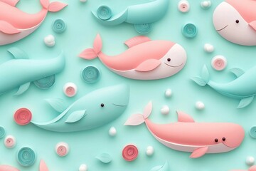seamless pattern of a 3D whale fish, paper quill pattern.	