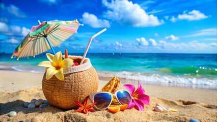 Beach accessories in a suitcase on the sand. Family holidays concept. Straw hat and sunglasses on beach. Tropical beach with sunbathing accessories, summer holiday background. beach accessoriesc