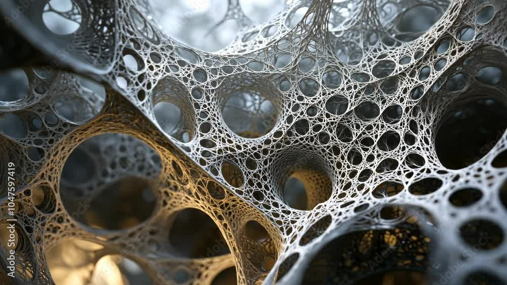 Poster a close-up view of an intricate web-like structure, captured in a digital rendering