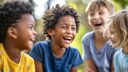 Fototapeta premium Diverse Group of Smiling Children Laughing Together in a Park. Concept of Friendship, Joyful Childhood, Outdoor Fun, and Multicultural Togetherness