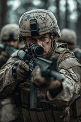Fototapeta premium A soldier aims his weapon with unwavering precision and intensity, ready for engagement.