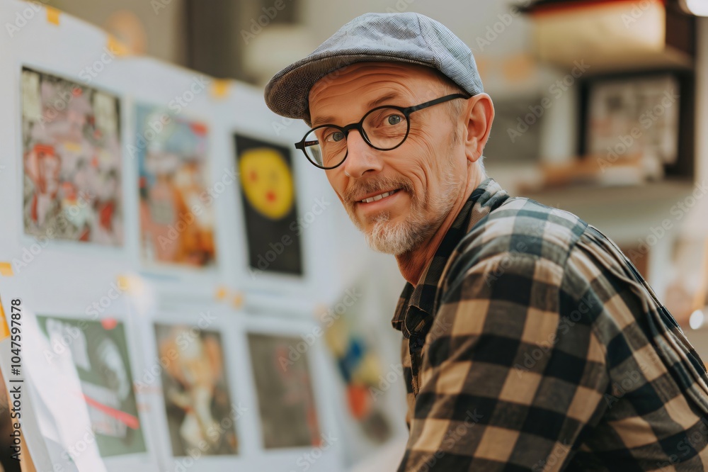 Poster Portrait of a senior graphic designer smiling while working on a project in his design studio