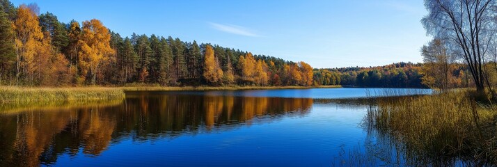 Fototapeta premium A tranquil lake is surrounded by autumn foliage, with trees mirrored perfectly in the still water.