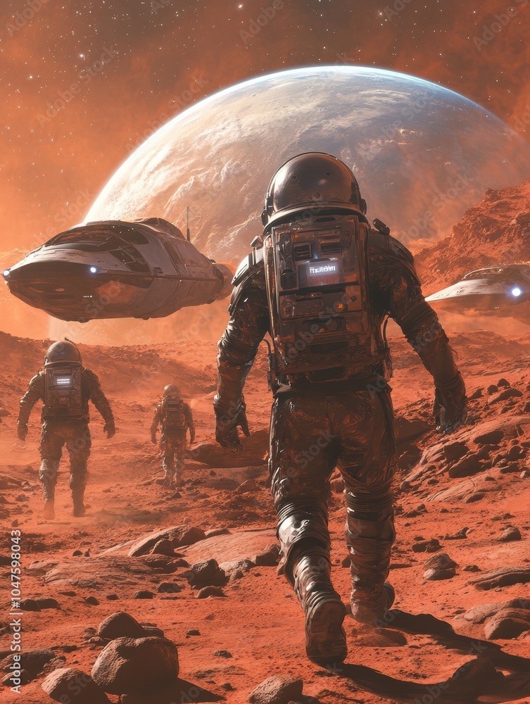 Poster A group of astronauts walks across the Martian landscape, with spacecraft hovering above and a large planet illuminating the sky. Generative AI
