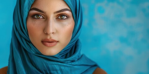 Naklejka premium Portrait of a woman in a scarf against a blue backdrop, showcasing beauty and empowerment through elegant hijab and Islamic culture