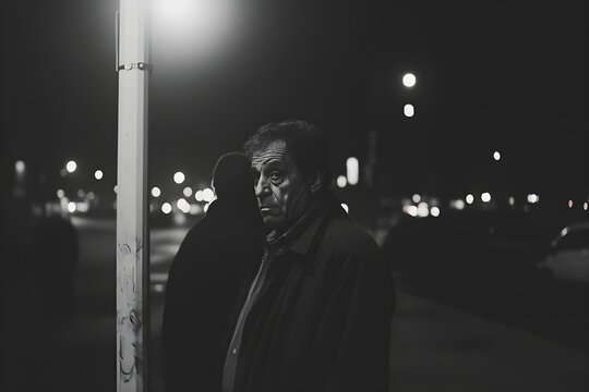 Fototapeta Senior man portrait in dramatic night lighting. Urban loneliness concept. Moody street photography. Documentary lifestyle art with copy space