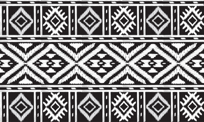 Ikat, Intricate black and white geometric pattern with repeating diamonds. Tribal influence, suitable for textiles or wallpaper.