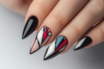 luxurious nail art with black stiletto nails featuring pink and white geometric designs and rhinestone embellishments