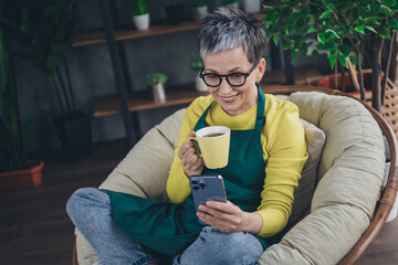 Photo of lovely pensioner lady sit armchair device drink tea florist businesswoman wear green apron work flower shop studio small business