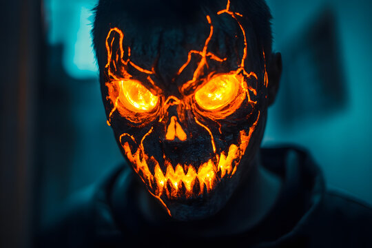 Haunted Ghoul or zombie, Orange glowing eyes and mouth, haunted house themes, or Halloween event decorations with copy space