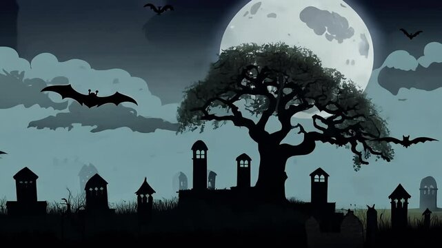 Venture spooky landscape featuring haunted house tombstones scary tree captured 4K loop full moon clouds bats that enhances eerie atmosphere halloween holiday old vintage abandoned spider