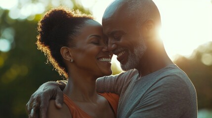 Fototapeta premium A man and woman are hugging each other in the sun