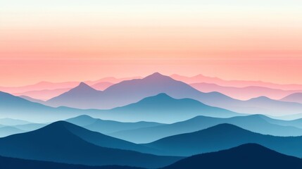A minimalist and surreal illustration of a mountain range at sunrise or sunset with a pink and blue color gradient.
