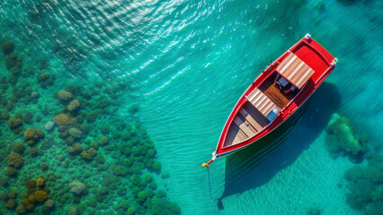 Red boat moored on shallows of turquoise transparent ocean top view