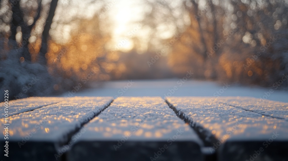Leinwandbilder A wooden table with a smooth surface, covered in a thin layer of white frost, stands in a snowy forest with a blurred background. The setting sun shines behind the trees, casting a warm, golden glow.