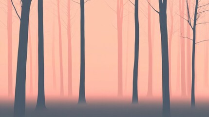 Obraz premium A misty forest with tall trees silhouetted against a pink sky.