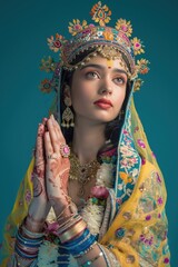 Beautiful Indian woman wearing a colorful sari, gold jewelry and bindi, praying with her hands together
