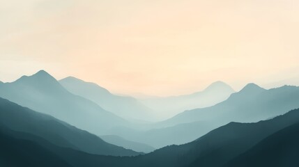 Naklejka premium A misty mountain range silhouetted against a pale sky at sunrise.