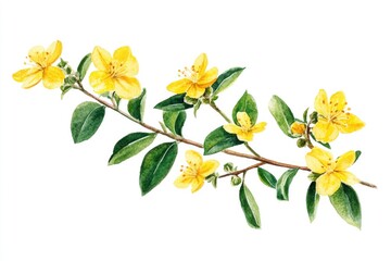 Obraz premium Watercolor Illustration of Hypericum Perforatum Plant with Essential Oil Wave on White Background