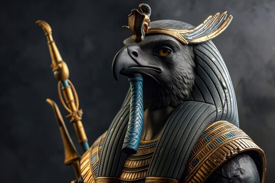 Horus the falcon god of kingship and the sky, wearing the pschent crown, holding a golden was sceptre, a symbol of power, rule and dominion