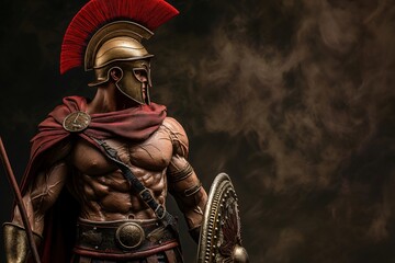 Muscular spartan warrior wearing a helmet and red cape is posing in a smoky atmosphere holding a spear and shield