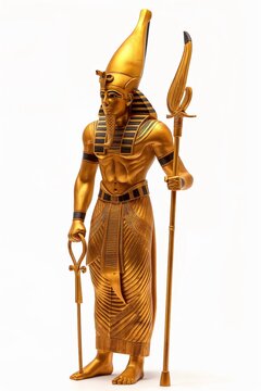 Golden statue of Osiris, ancient Egyptian god of the underworld, holding a crook and flail, isolated on white background
