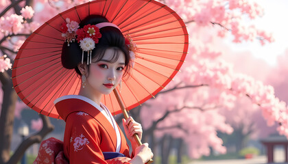 Geisha in red kimono with parasol under cherry blossom trees
