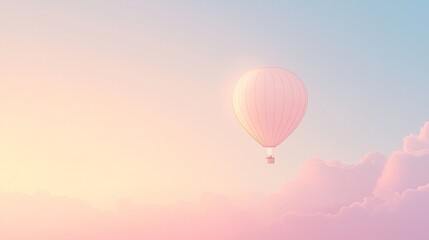 Obraz premium A single hot air balloon drifts through a soft, pastel pink and yellow sky, creating a serene and dreamy atmosphere.