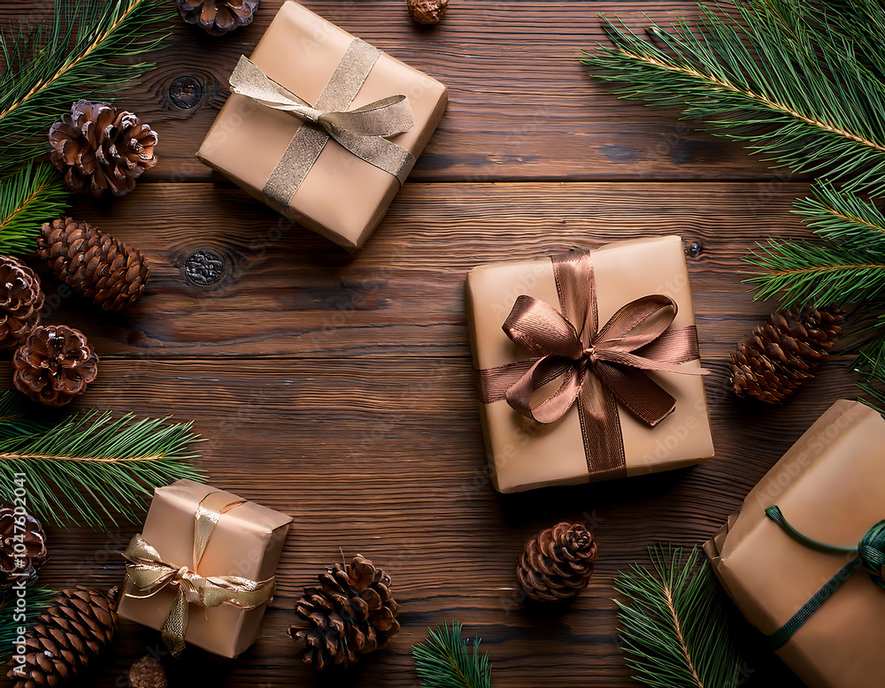 Aufkleber flat lay of christmas gifts on wooden table with pine branches and cones in top view with e_1(314)