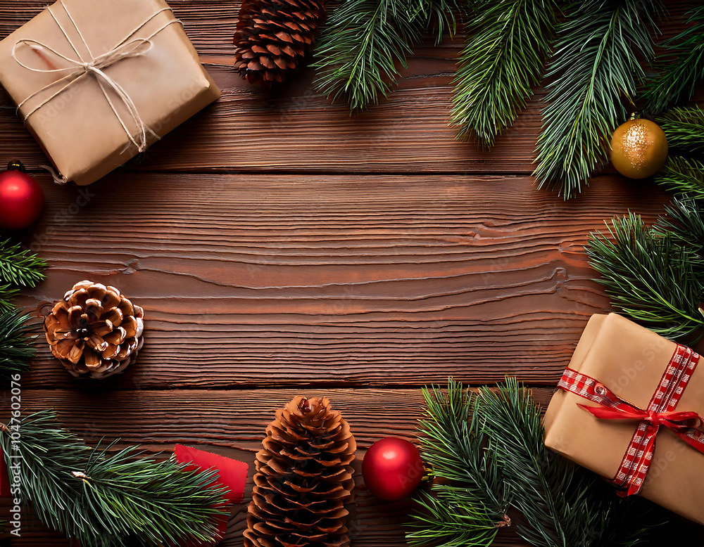 Aufkleber flat lay of christmas gifts on wooden table with pine branches and cones in top view with e_1(313)