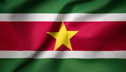 Obraz premium Republic of Suriname flag waving in the wind. Close up of Republic of Suriname banner blowing, soft and smooth silk.