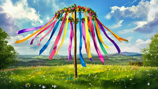 A maypole stands tall in a field of wildflowers, its colorful ribbons fluttering in the breeze