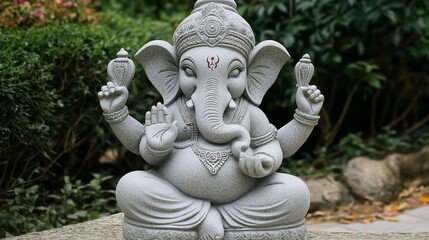 Fototapeta premium A detailed statue of the Hindu god Ganesh, sitting in a traditional pose with his trunk raised and his hand in a blessing gesture.