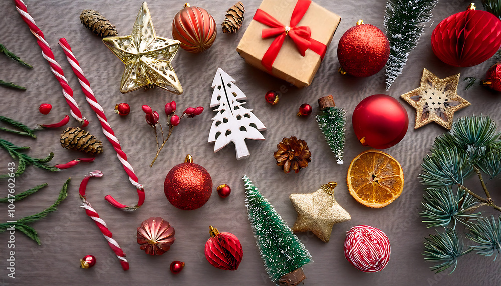 Aufkleber Flat lay of Christmas decorations with festive items for a happy new year display setup_1(312)